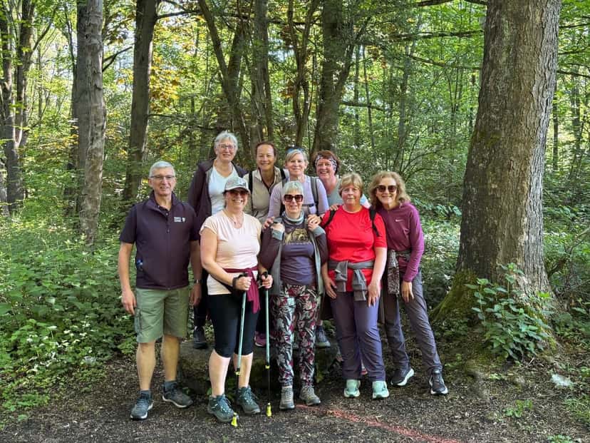 Photo de groupe avec les bâtons, lors d'une randonnée en forêt