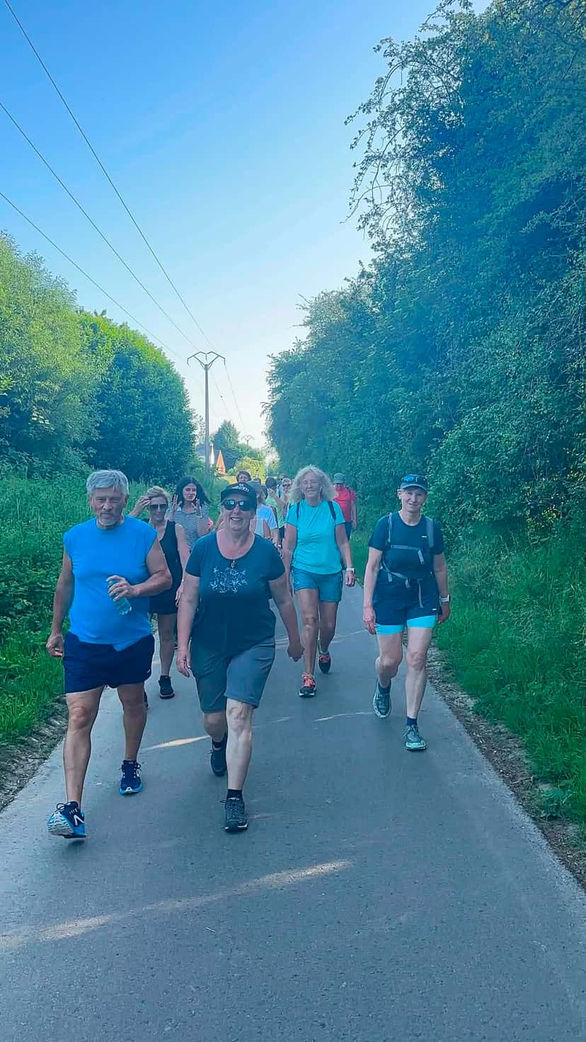 Le groupe remonte la route, à hauteur des haies